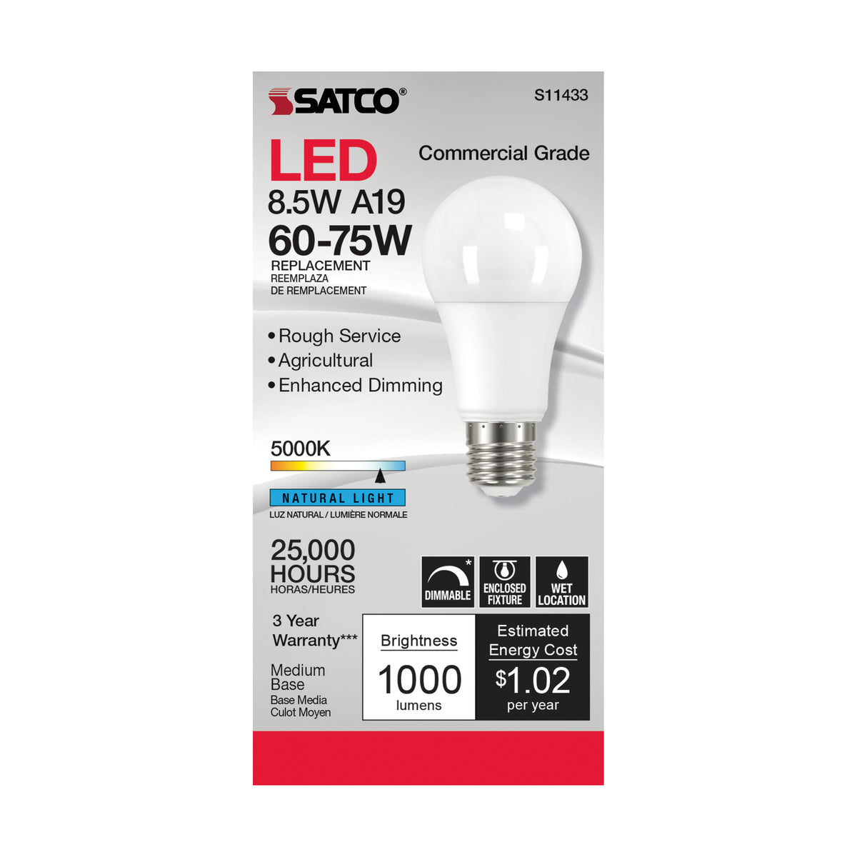 8.5 Watt - A19 LED Dimmable Agriculture Bulb - 5000K - 120 Volt