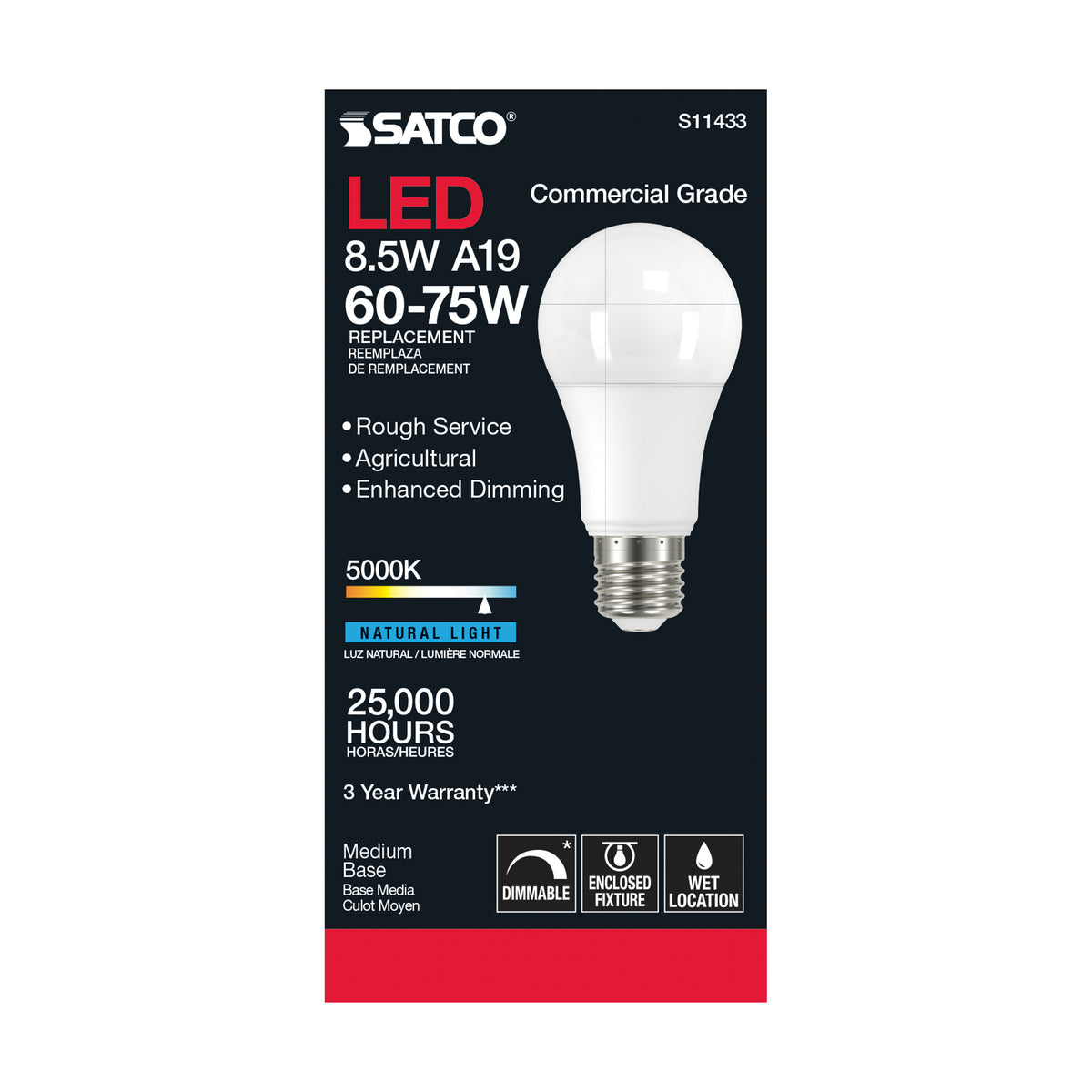 8.5 Watt - A19 LED Dimmable Agriculture Bulb - 5000K - 120 Volt