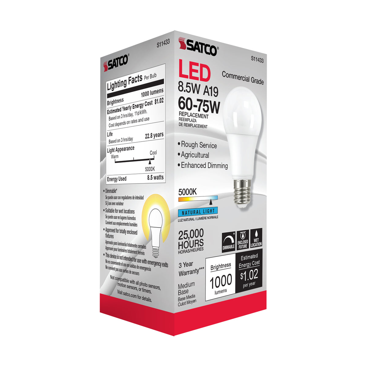 8.5 Watt - A19 LED Dimmable Agriculture Bulb - 5000K - 120 Volt