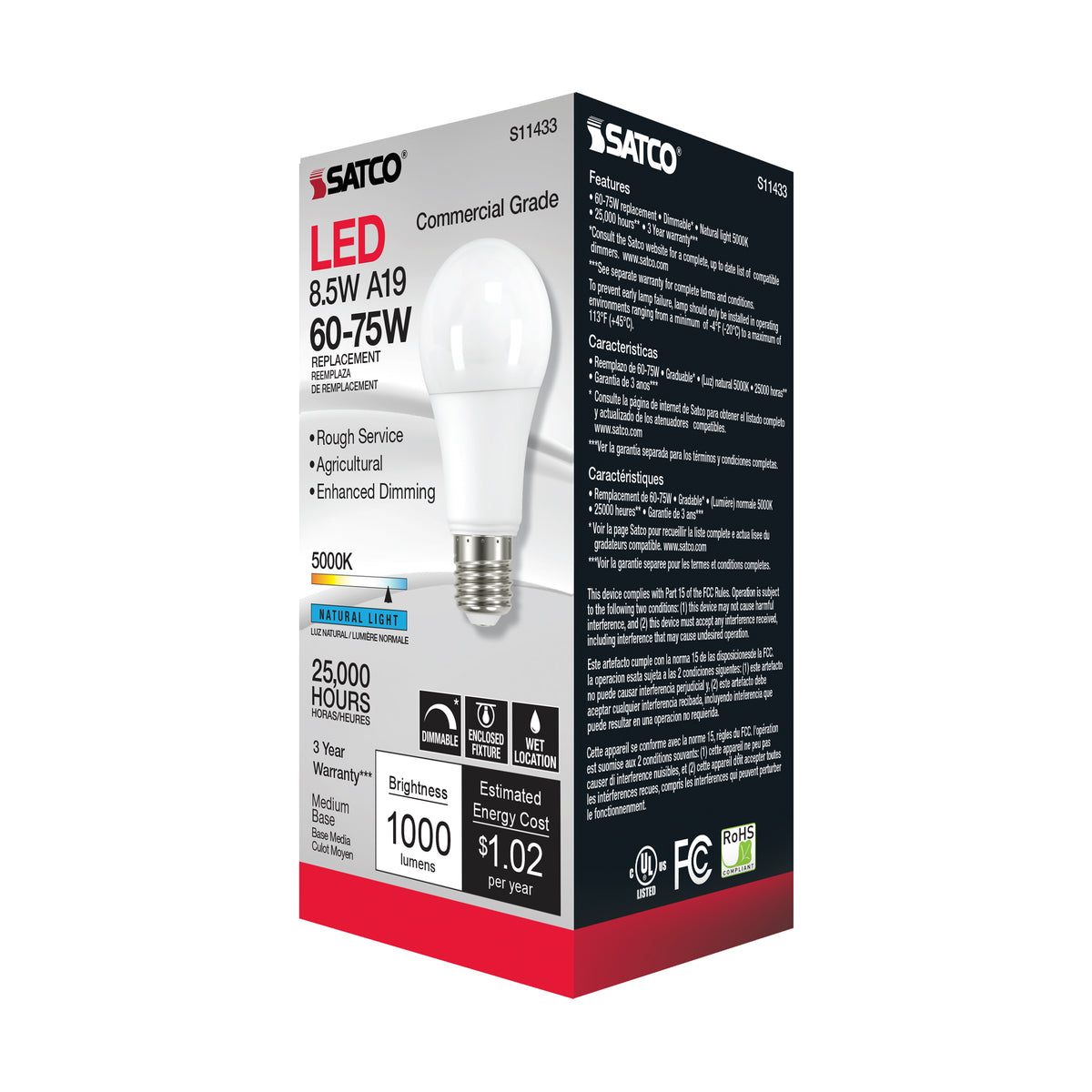 8.5 Watt - A19 LED Dimmable Agriculture Bulb - 5000K - 120 Volt