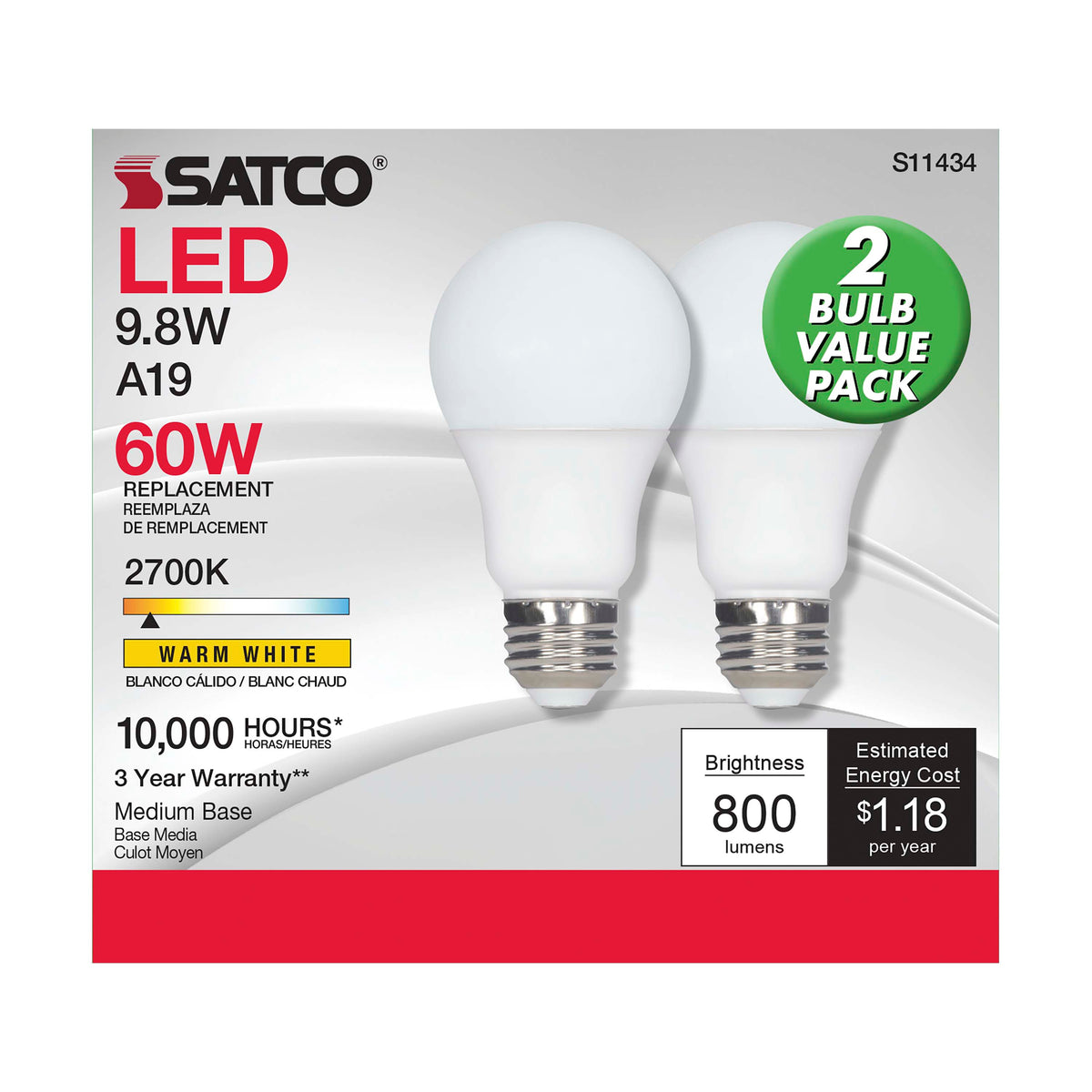 9.8 Watt - A19 LED - 2700K - Medium base - 220 deg. Beam Angle -120 Volt - Pack of 2