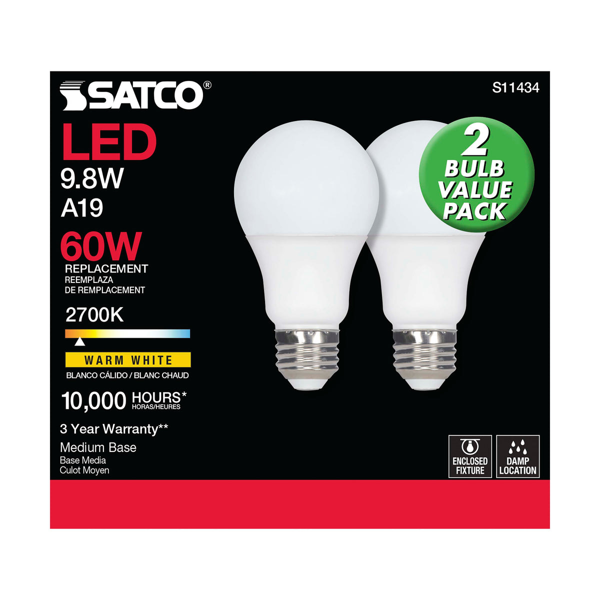 9.8 Watt - A19 LED - 2700K - Medium base - 220 deg. Beam Angle -120 Volt - Pack of 2