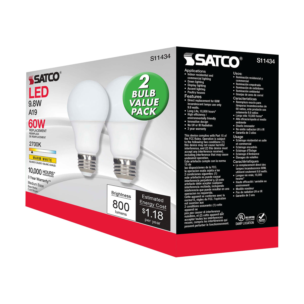 9.8 Watt - A19 LED - 2700K - Medium base - 220 deg. Beam Angle -120 Volt - Pack of 2