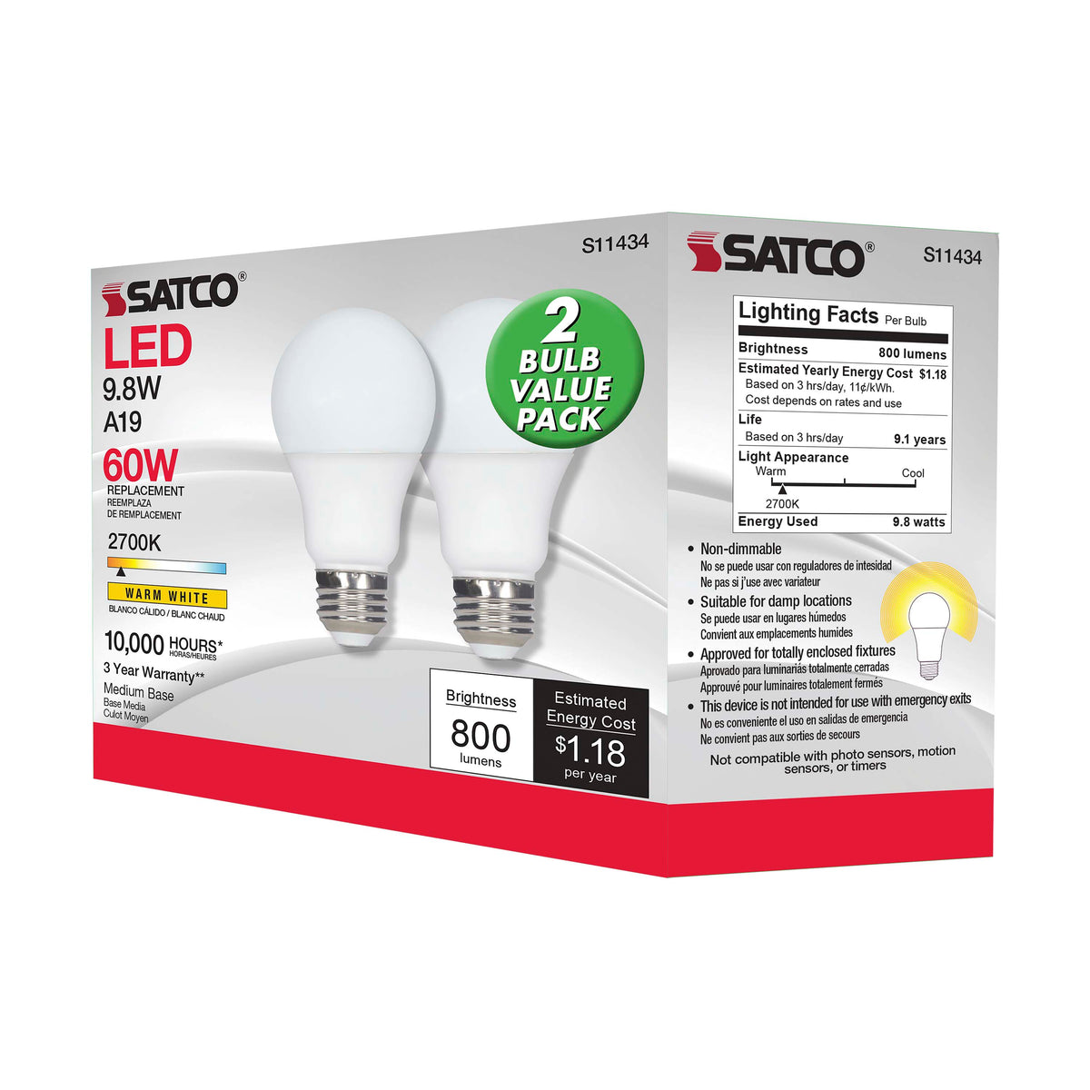 9.8 Watt - A19 LED - 2700K - Medium base - 220 deg. Beam Angle -120 Volt - Pack of 2