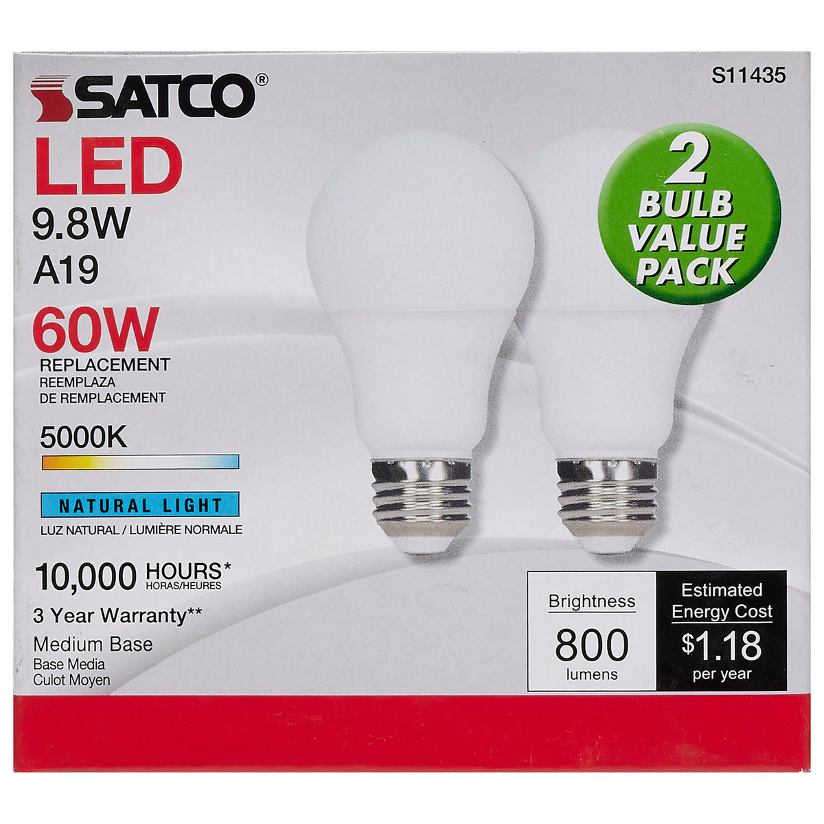 9.8 Watt - A19 LED - 5000K - Medium base - 220 deg. Beam Angle -120 Volt - Pack of 2