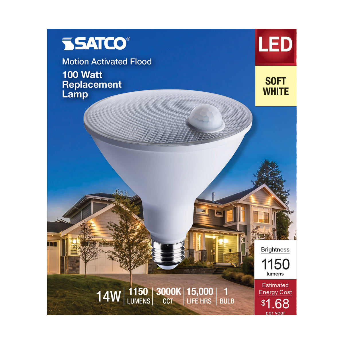 14 Watt PAR38 LED - White - 3000K - 1150 Lumens - 120 Volt - PIR Sensor - Non-Dimmable