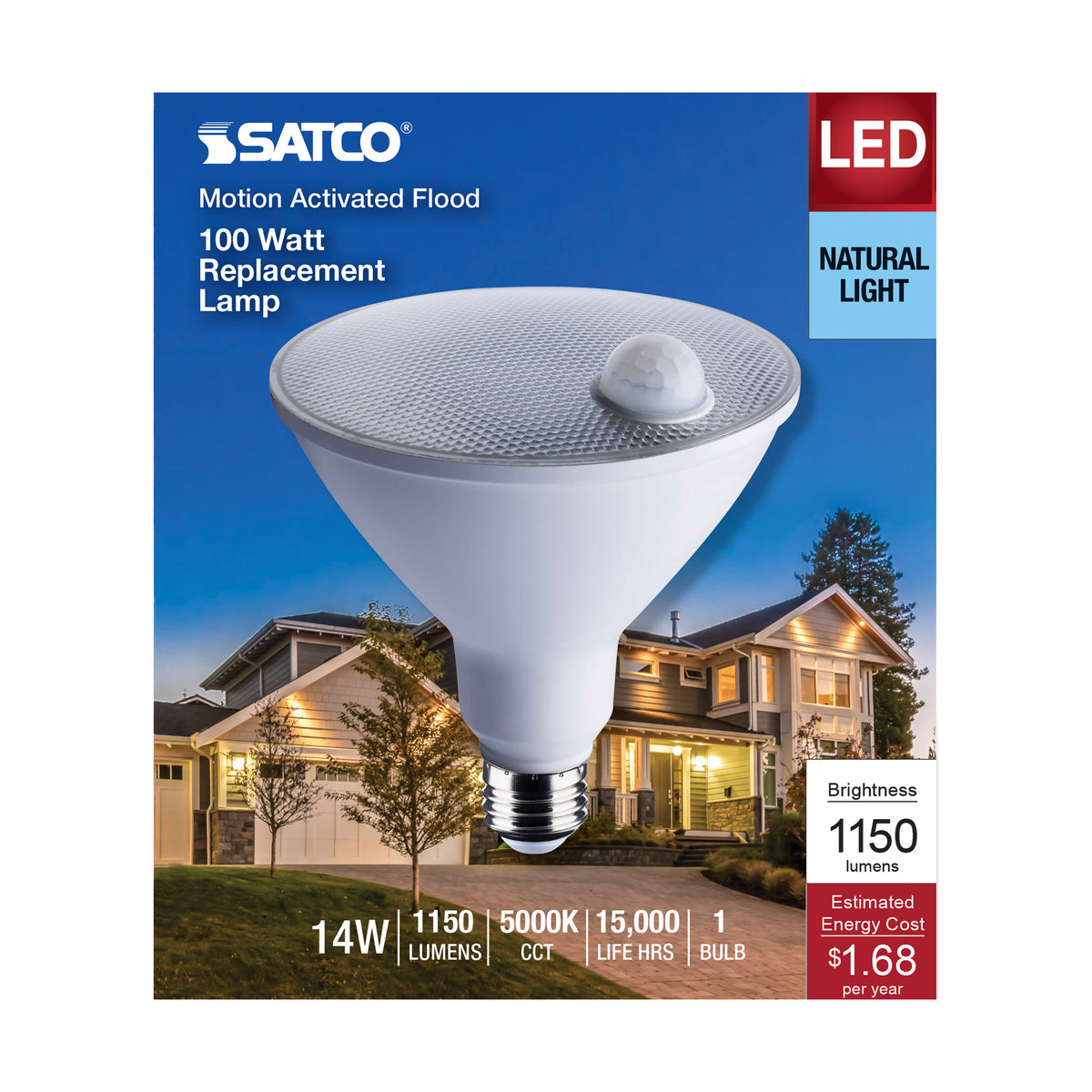 14 Watt PAR38 LED - White - 5000K - 1150 Lumens - 120 Volt - PIR Sensor - Non-Dimmable