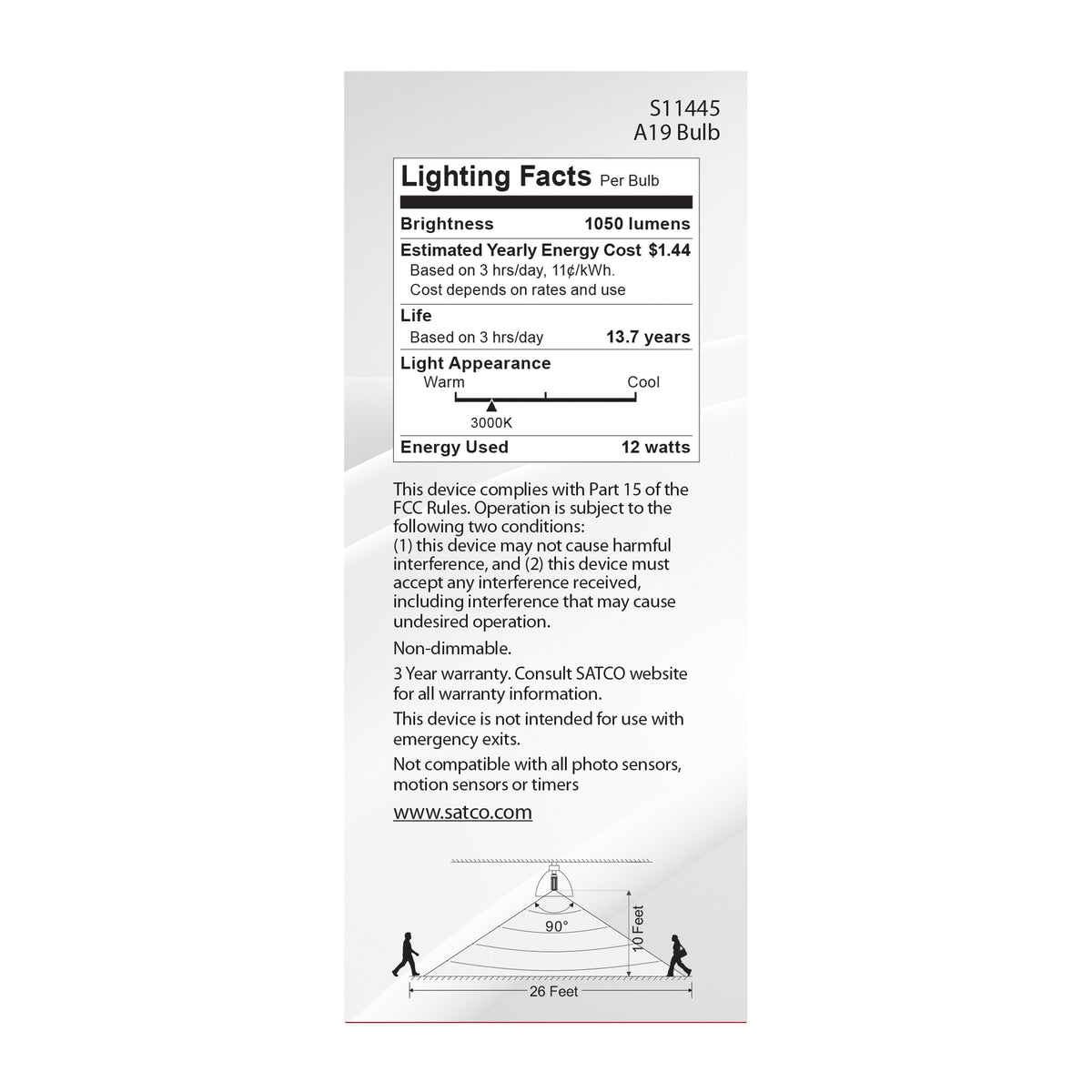 12 Watt A19 LED - White - 3000K - 1050 Lumens - 120 Volt - PIR Sensor - Non-Dimmable