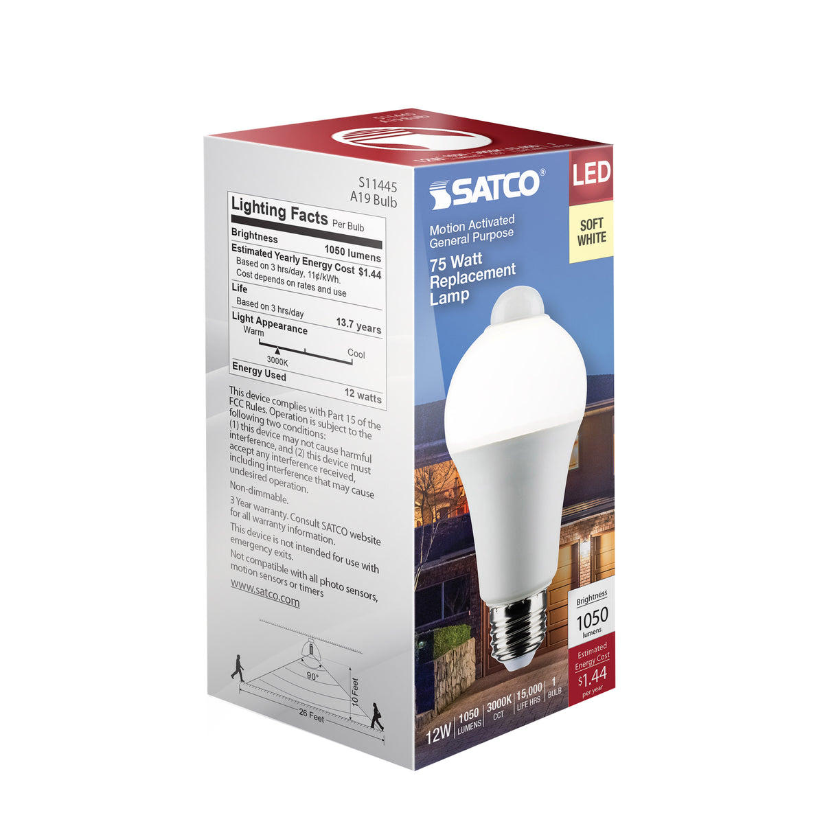 12 Watt A19 LED - White - 3000K - 1050 Lumens - 120 Volt - PIR Sensor - Non-Dimmable