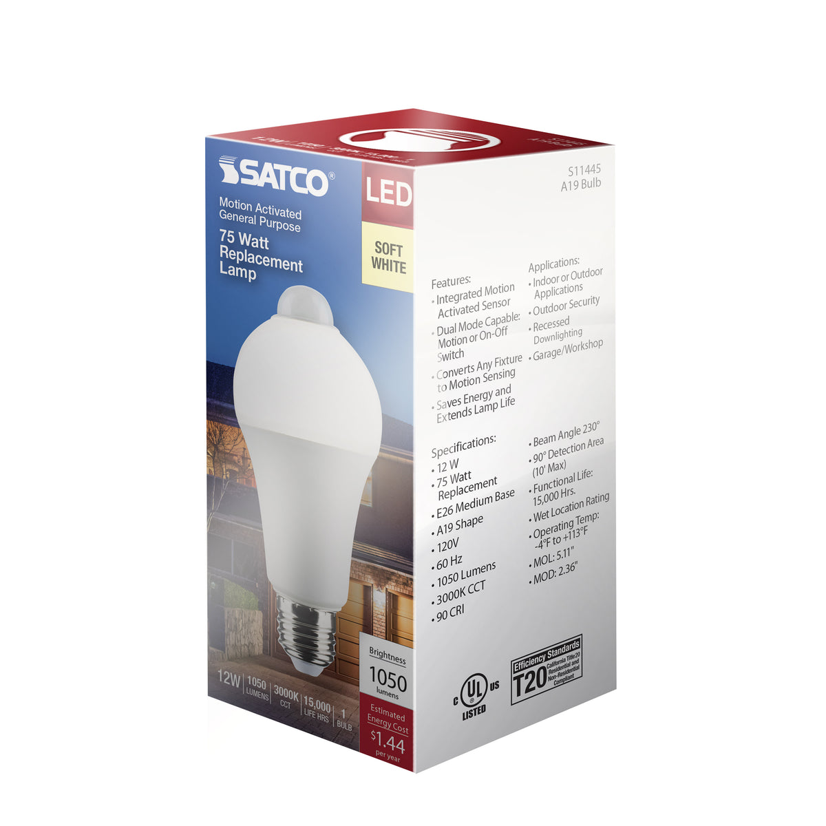 12 Watt A19 LED - White - 3000K - 1050 Lumens - 120 Volt - PIR Sensor - Non-Dimmable