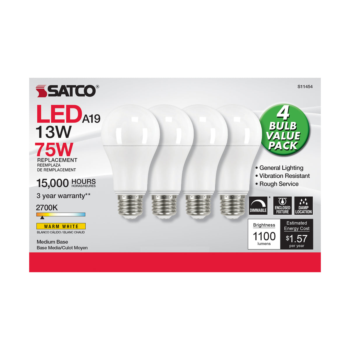 13 Watt A19 LED - 2700K - Dimmable - Medium base - 230 deg. Beam Angle - 4-pack