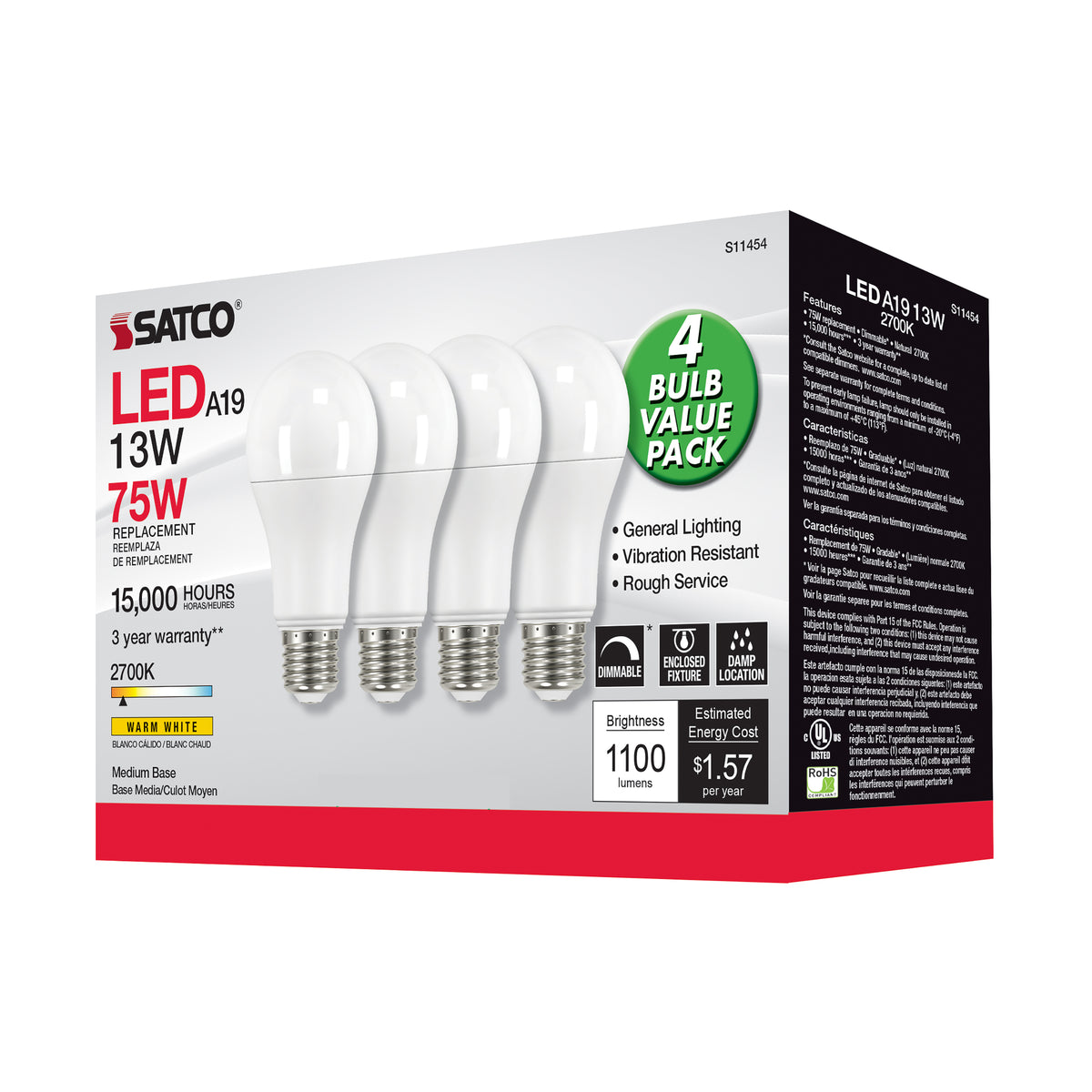 13 Watt A19 LED - 2700K - Dimmable - Medium base - 230 deg. Beam Angle - 4-pack