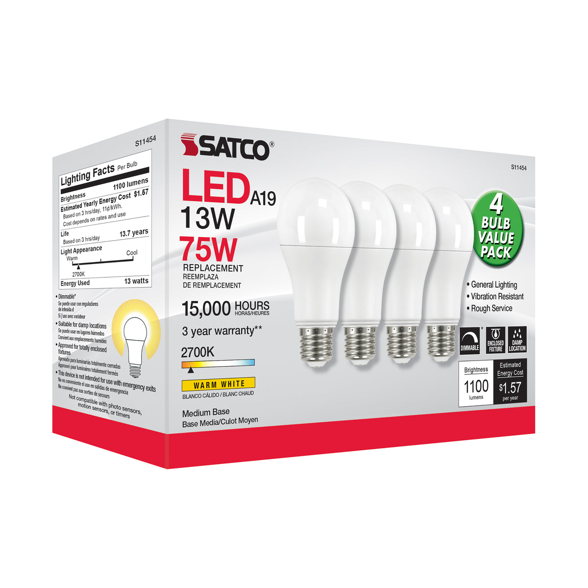 13 Watt A19 LED - 2700K - Dimmable - Medium base - 230 deg. Beam Angle - 4-pack