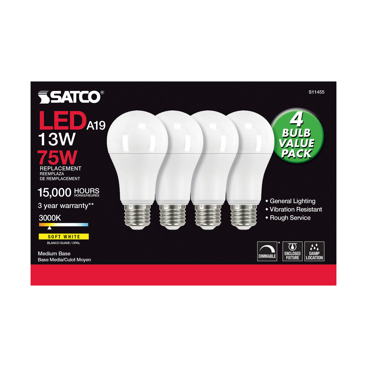13 Watt A19 LED - 3000K - Dimmable - Medium base - 230 deg. Beam Angle - 4-pack