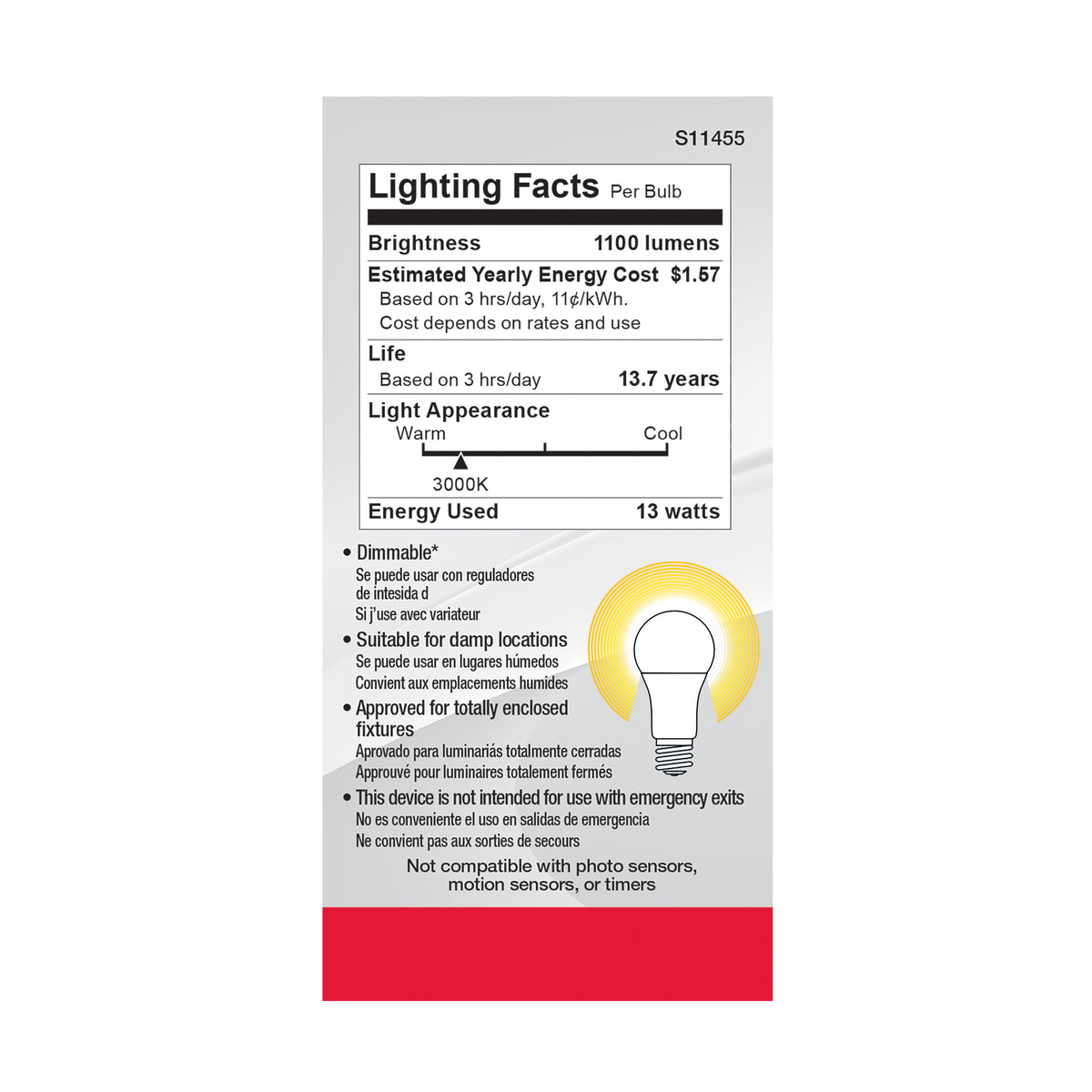13 Watt A19 LED - 3000K - Dimmable - Medium base - 230 deg. Beam Angle - 4-pack
