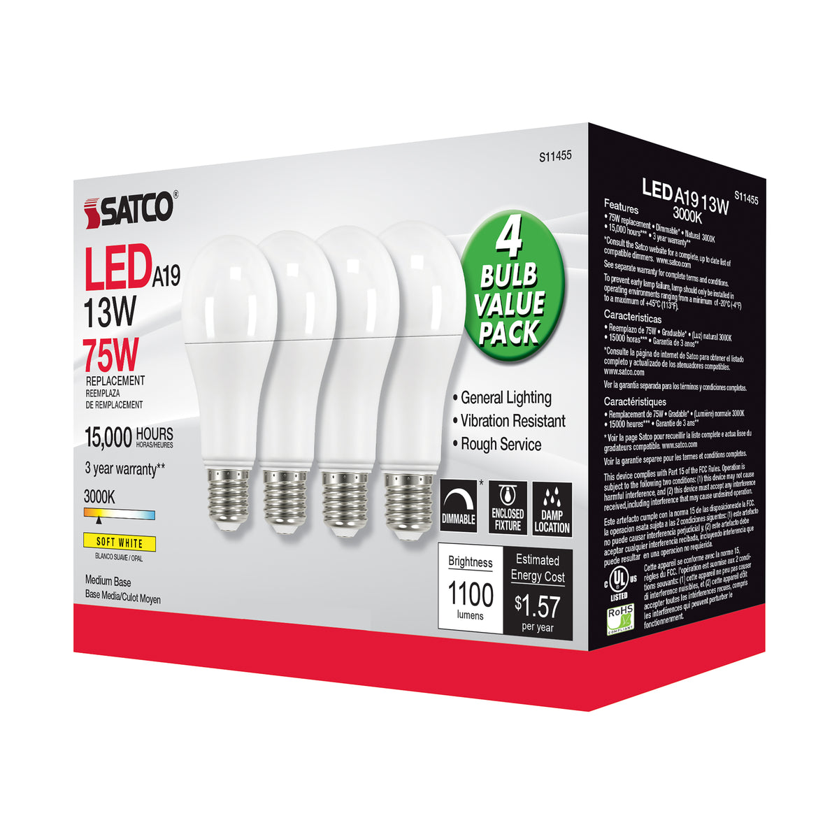 13 Watt A19 LED - 3000K - Dimmable - Medium base - 230 deg. Beam Angle - 4-pack