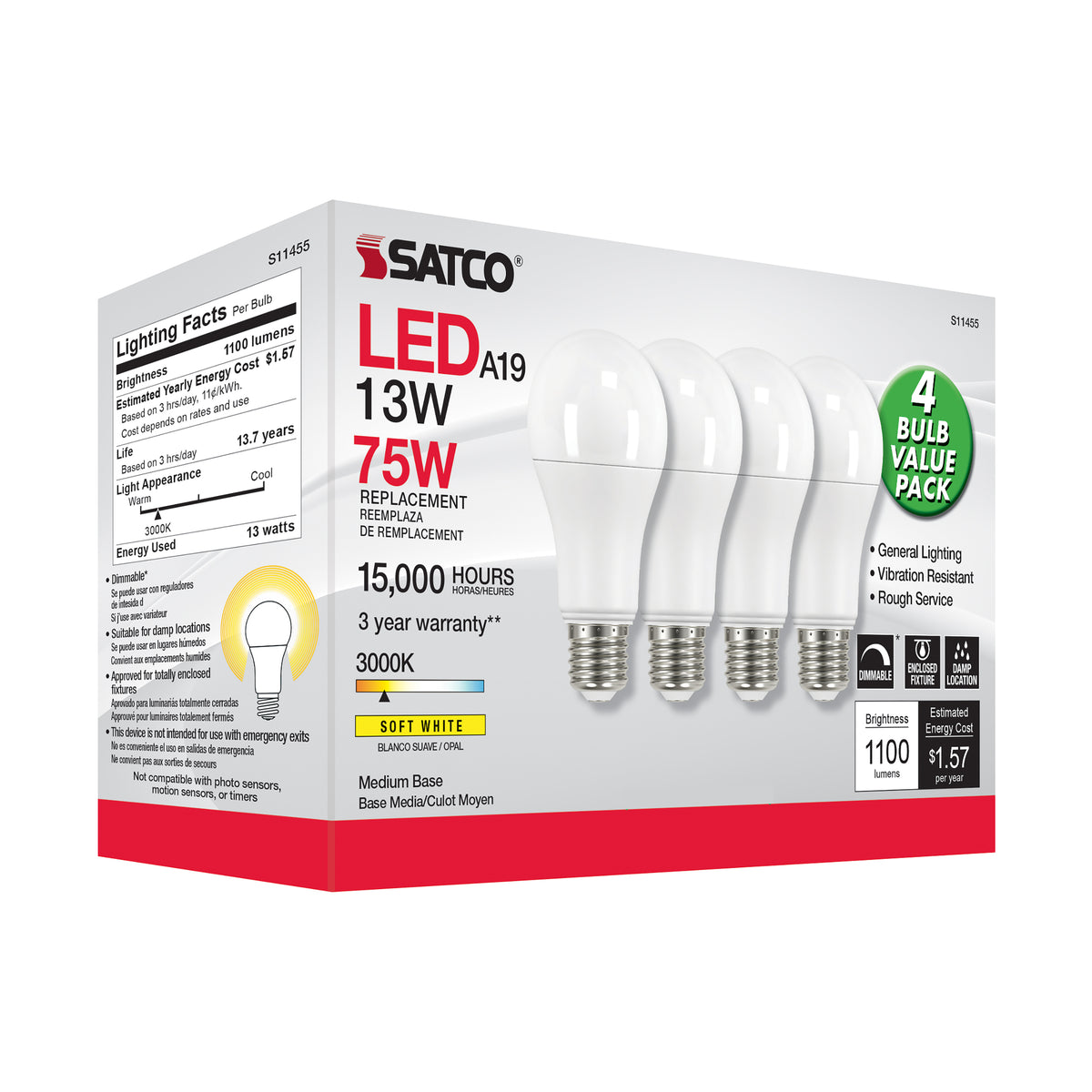 13 Watt A19 LED - 3000K - Dimmable - Medium base - 230 deg. Beam Angle - 4-pack