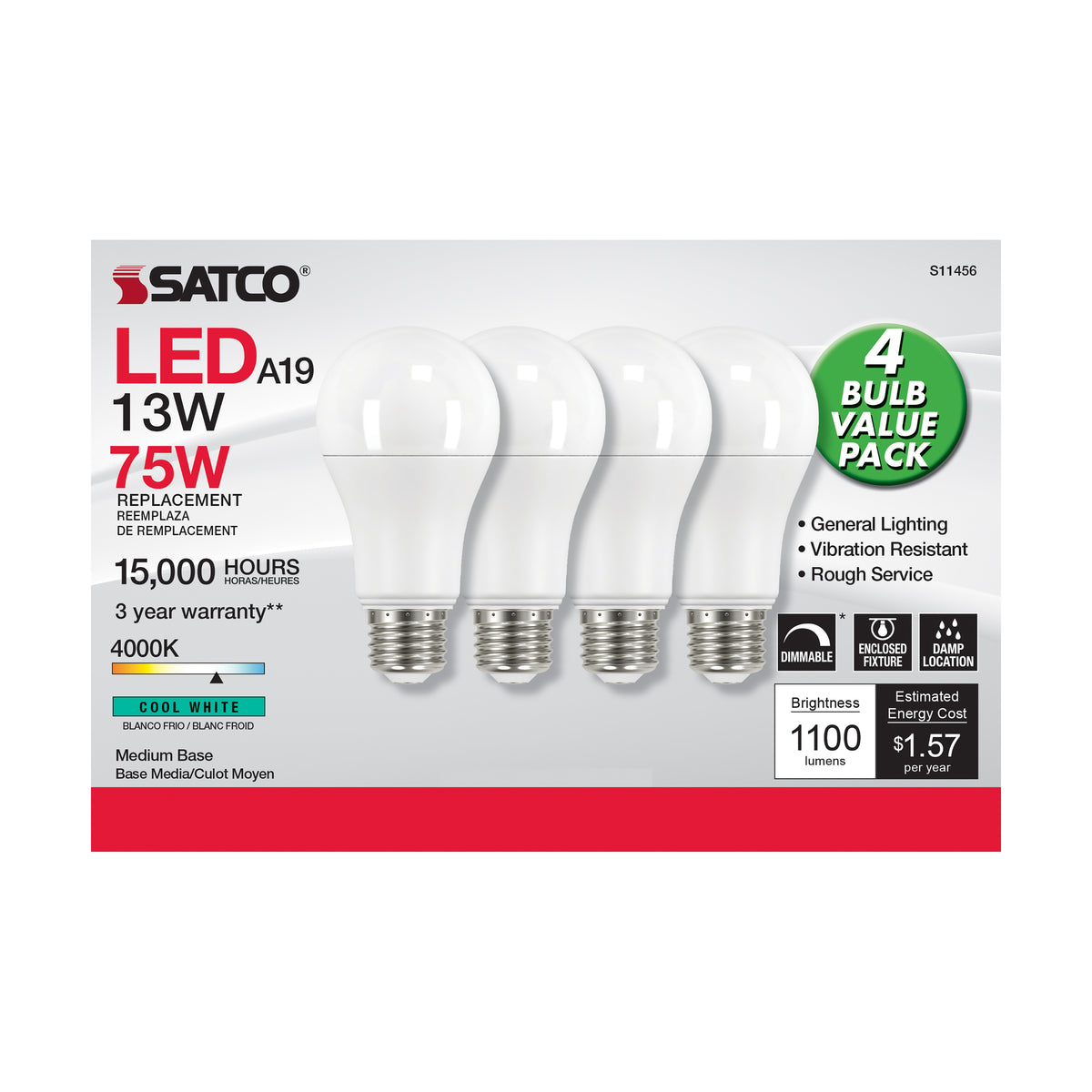 13 Watt A19 LED - 4000K - Dimmable - Medium base - 230 deg. Beam Angle - 4-pack