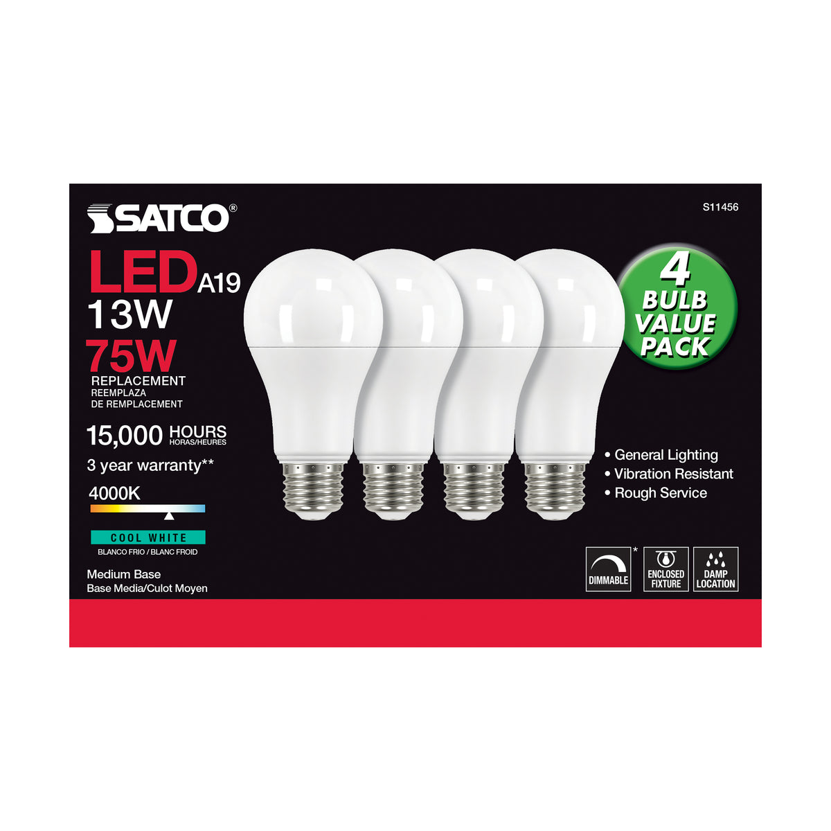 13 Watt A19 LED - 4000K - Dimmable - Medium base - 230 deg. Beam Angle - 4-pack