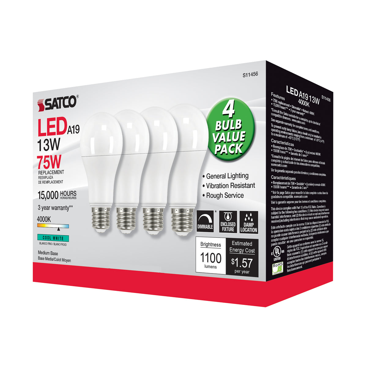 13 Watt A19 LED - 4000K - Dimmable - Medium base - 230 deg. Beam Angle - 4-pack