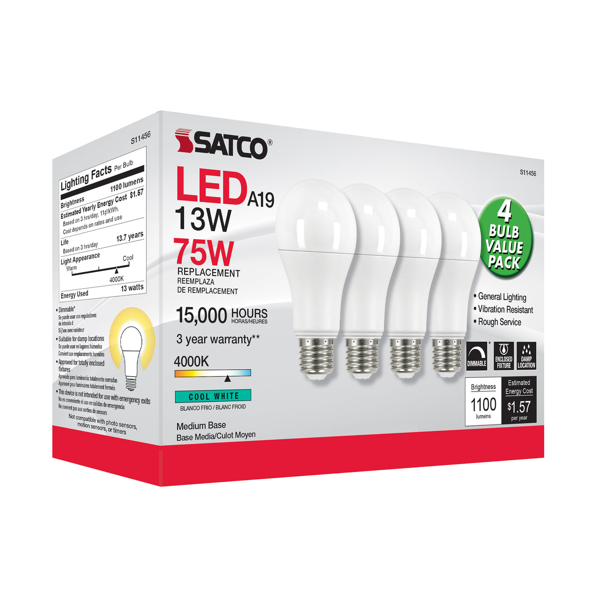 13 Watt A19 LED - 4000K - Dimmable - Medium base - 230 deg. Beam Angle - 4-pack
