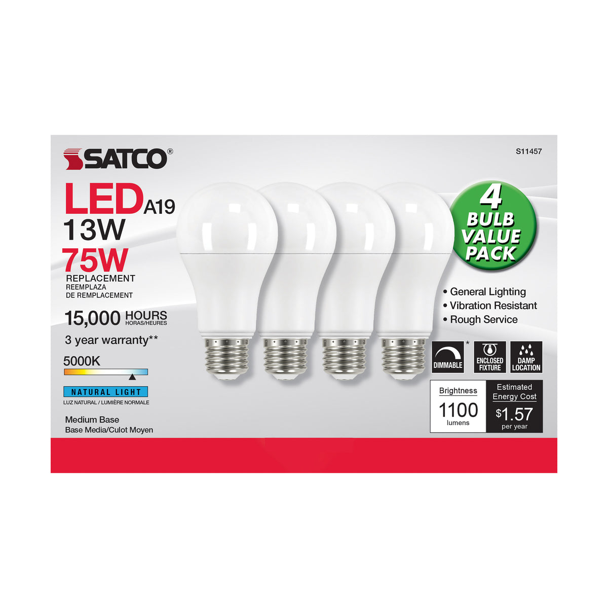 13 Watt A19 LED - 5000K - Dimmable - Medium base - 230 deg. Beam Angle - 4-pack