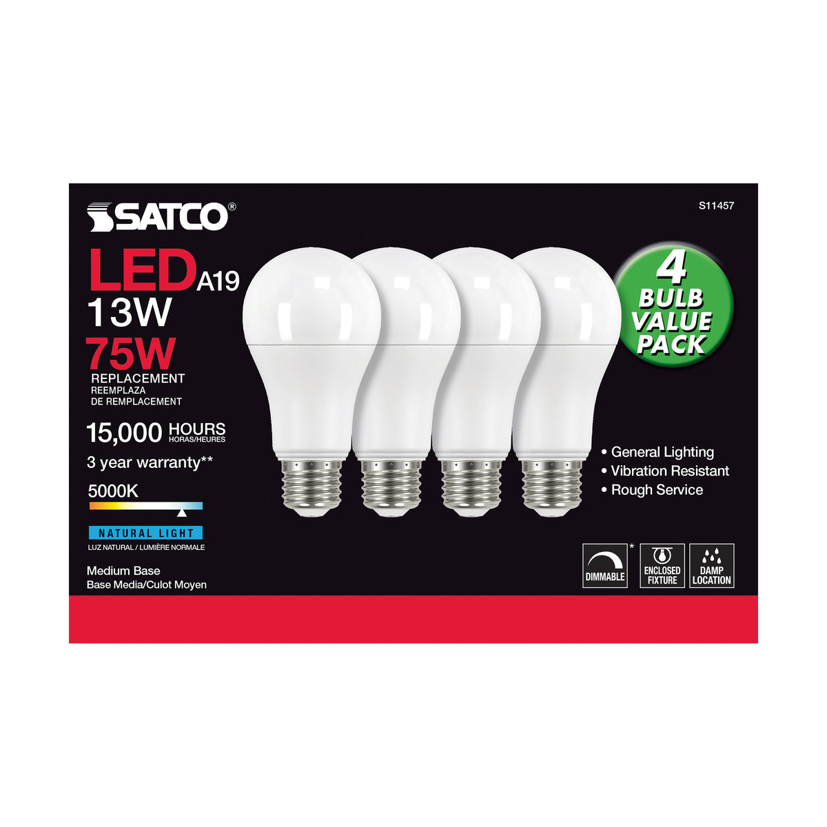 13 Watt A19 LED - 5000K - Dimmable - Medium base - 230 deg. Beam Angle - 4-pack