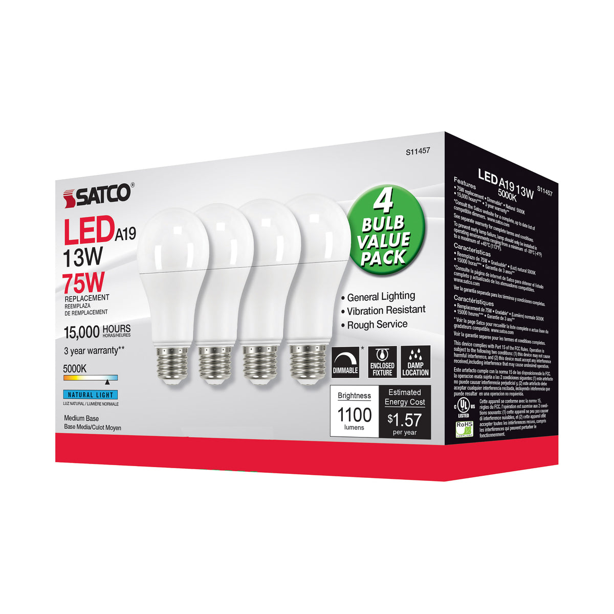 13 Watt A19 LED - 5000K - Dimmable - Medium base - 230 deg. Beam Angle - 4-pack
