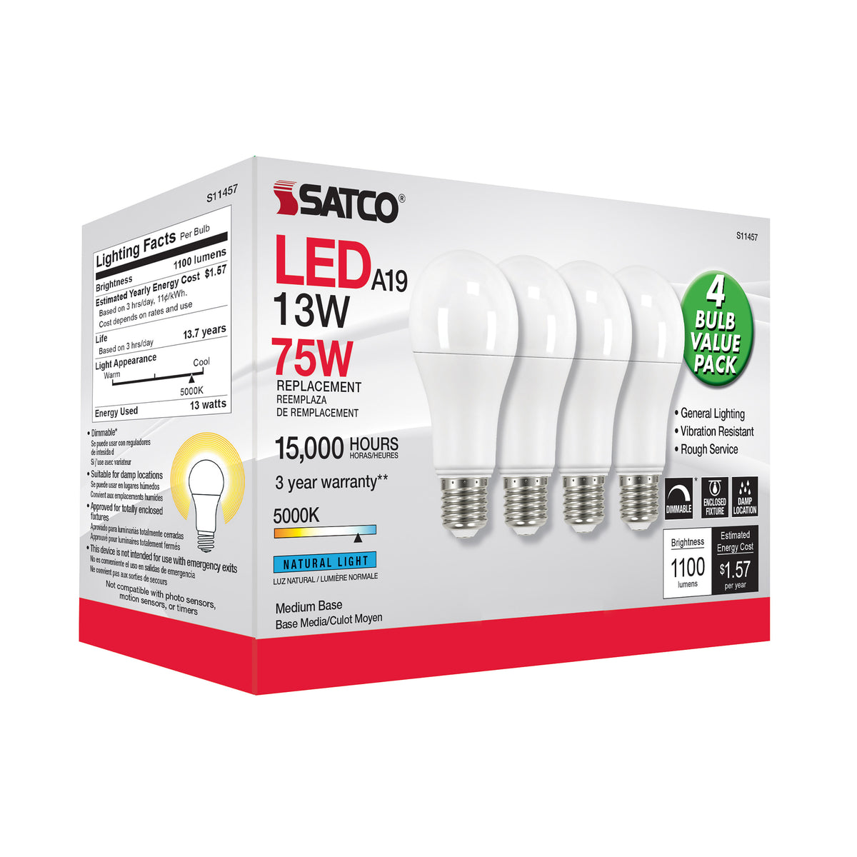 13 Watt A19 LED - 5000K - Dimmable - Medium base - 230 deg. Beam Angle - 4-pack