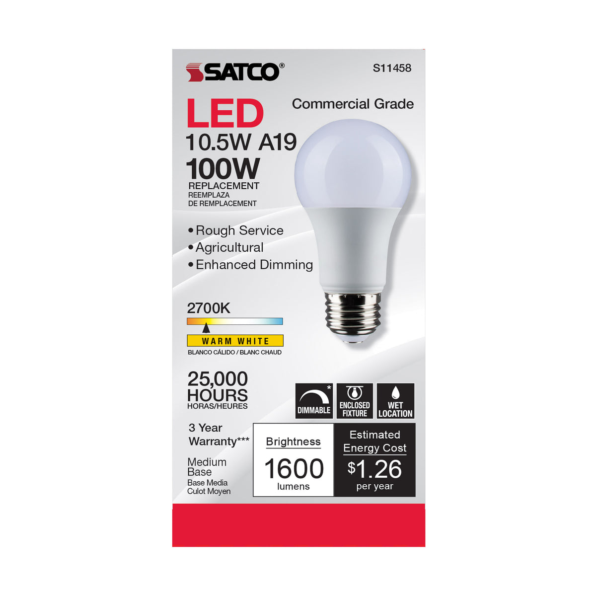 10.5 Watt - A19 LED - Dimmable Agriculture Bulb - 2700K - 120 Volt