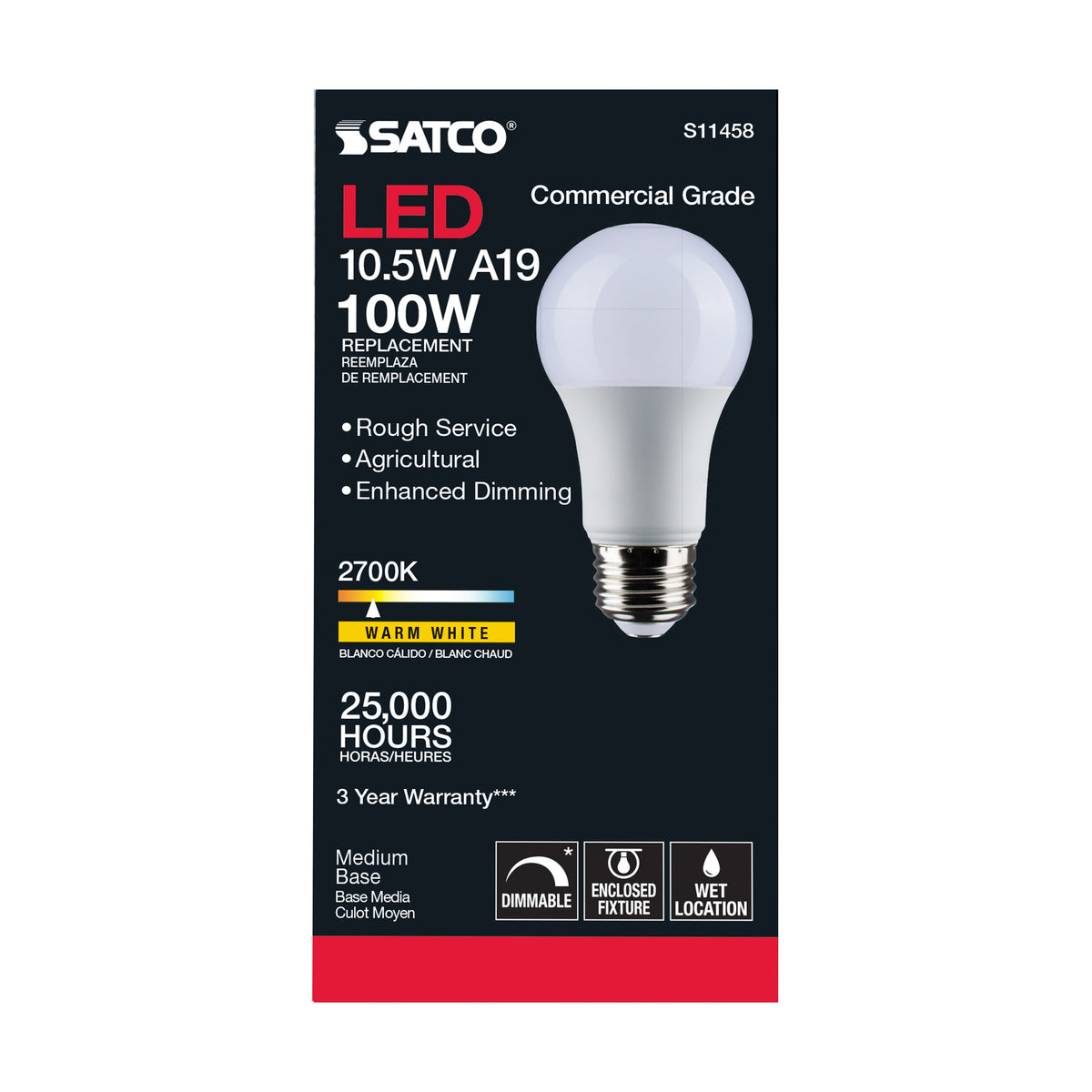10.5 Watt - A19 LED - Dimmable Agriculture Bulb - 2700K - 120 Volt
