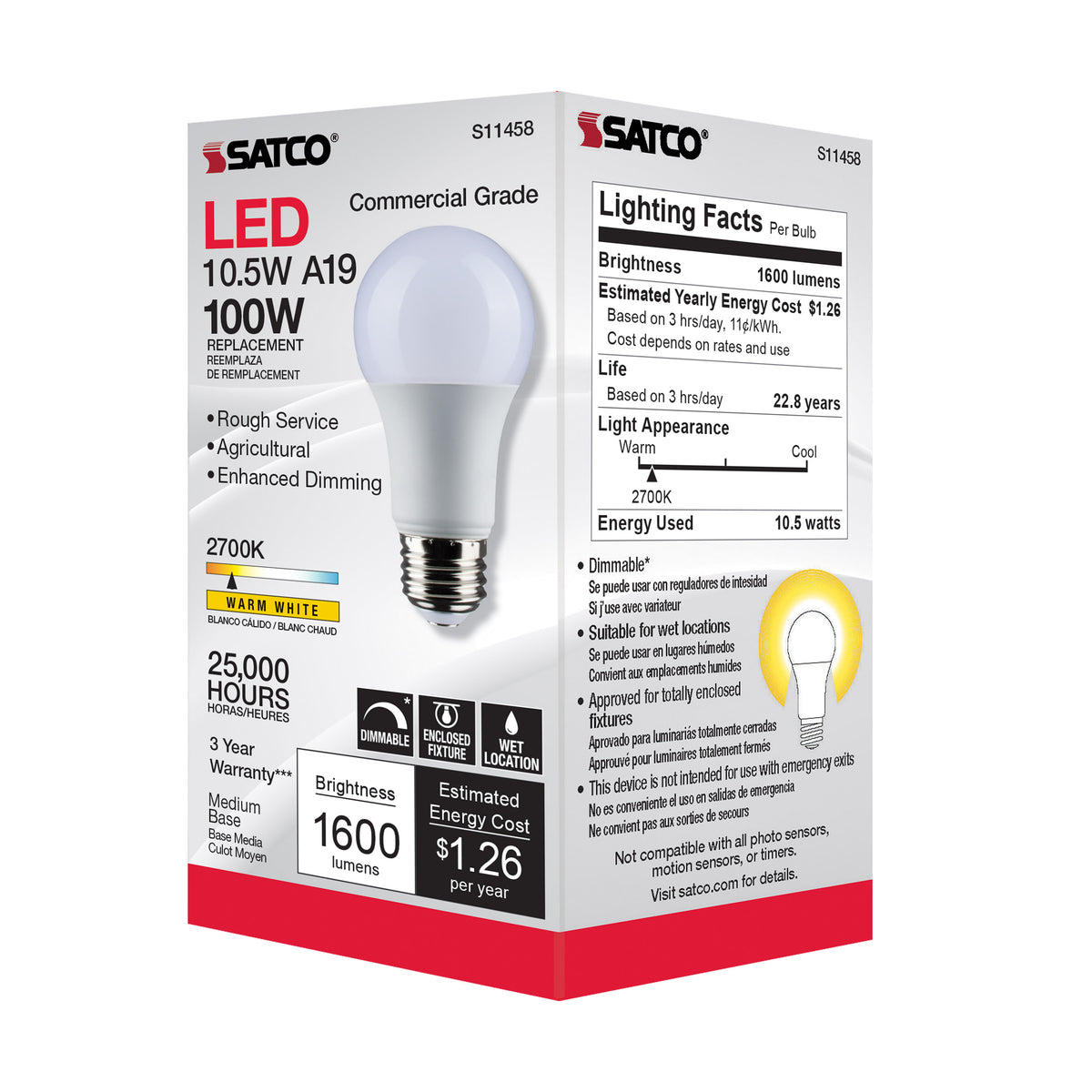 10.5 Watt - A19 LED - Dimmable Agriculture Bulb - 2700K - 120 Volt