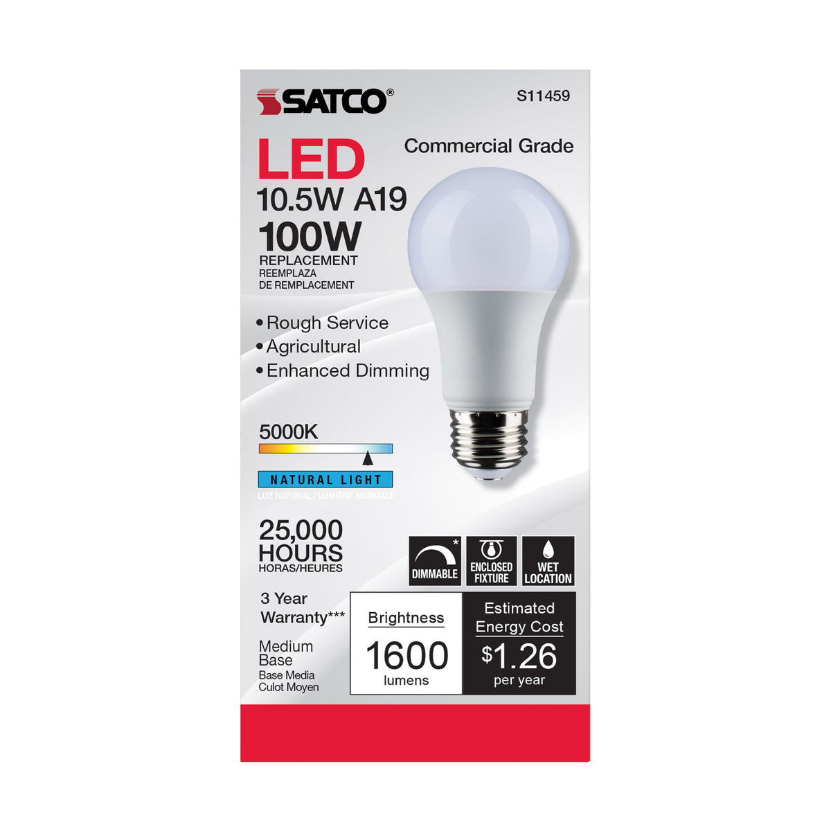10.5 Watt - A19 LED - Dimmable Agriculture Bulb - 5000K - 120 Volt