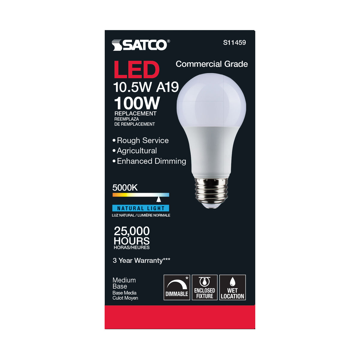 10.5 Watt - A19 LED - Dimmable Agriculture Bulb - 5000K - 120 Volt