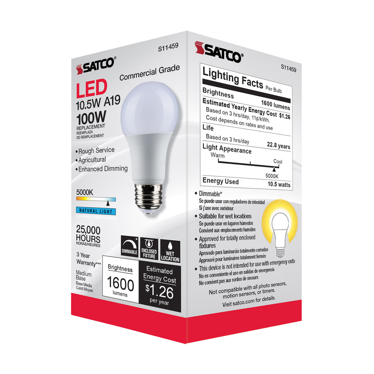 10.5 Watt - A19 LED - Dimmable Agriculture Bulb - 5000K - 120 Volt