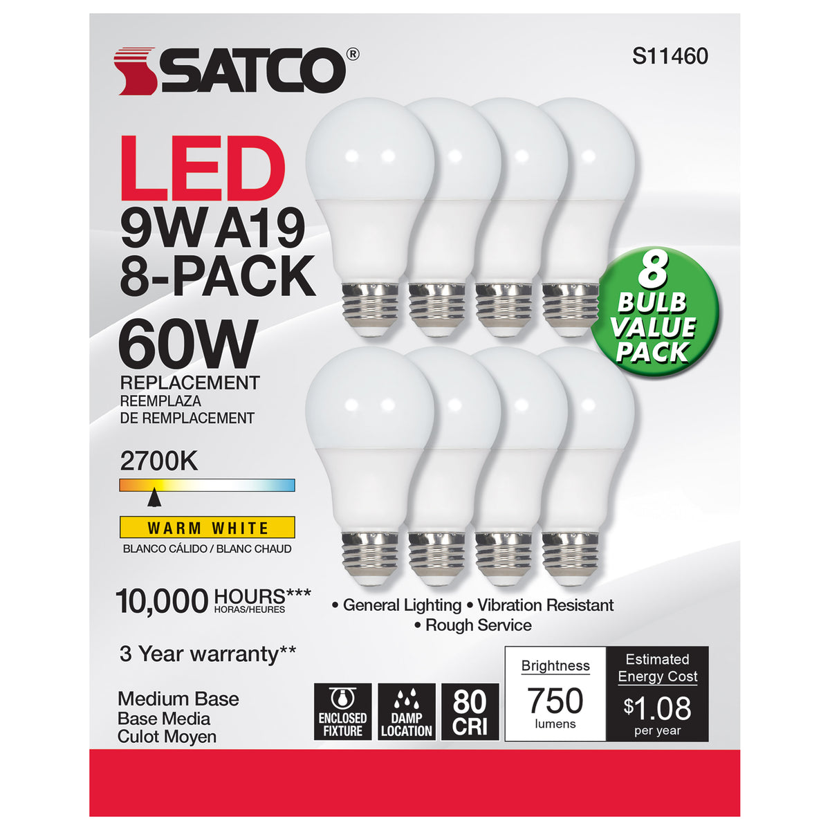 9 Watt A19 LED - 2700K - Non-Dimmable - E26 - 80 CRI - 8-pack