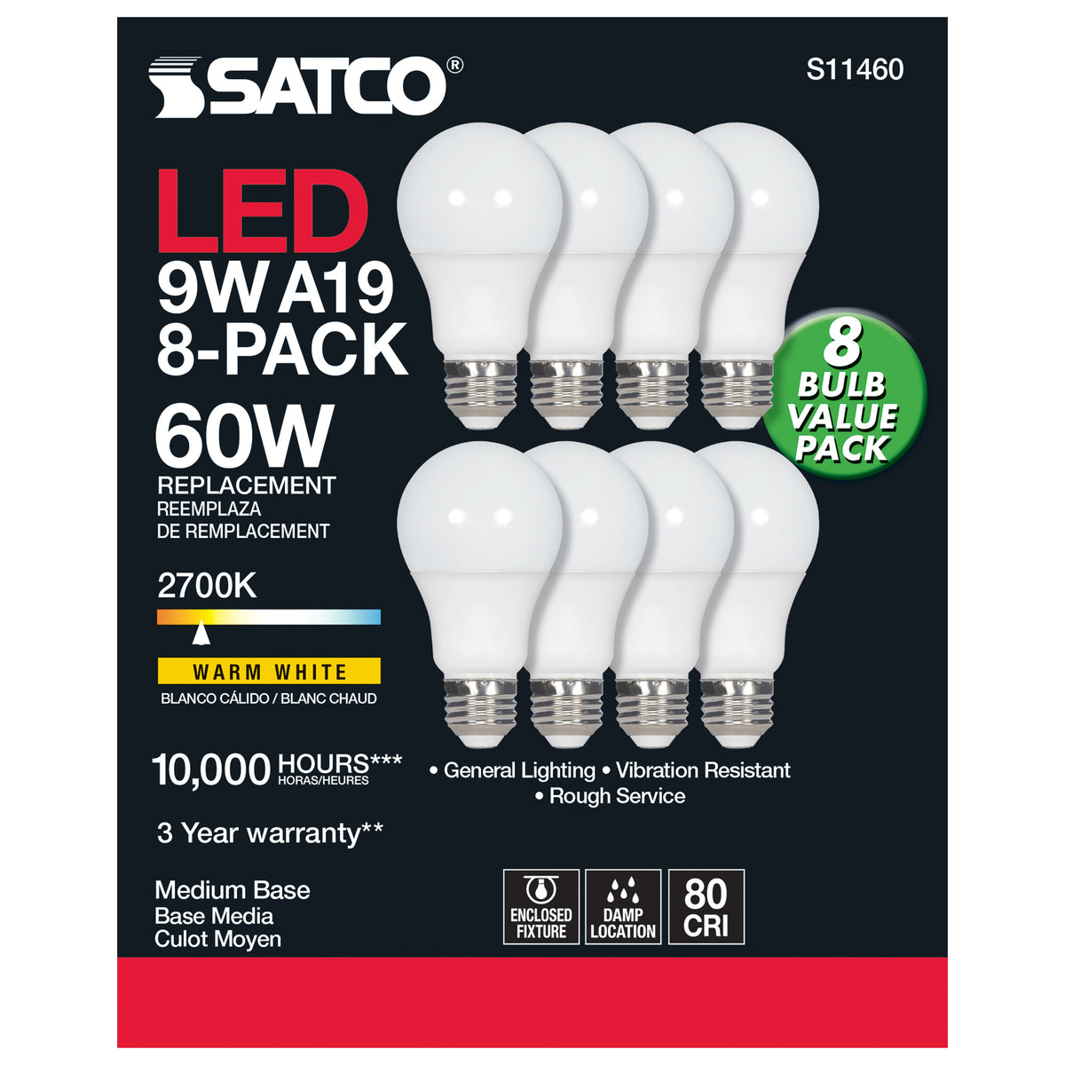 9 Watt A19 LED - 2700K - Non-Dimmable - E26 - 80 CRI - 8-pack