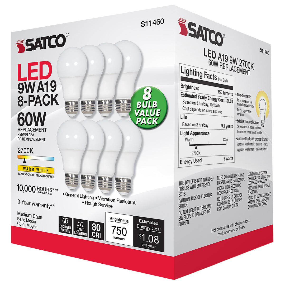 9 Watt A19 LED - 2700K - Non-Dimmable - E26 - 80 CRI - 8-pack