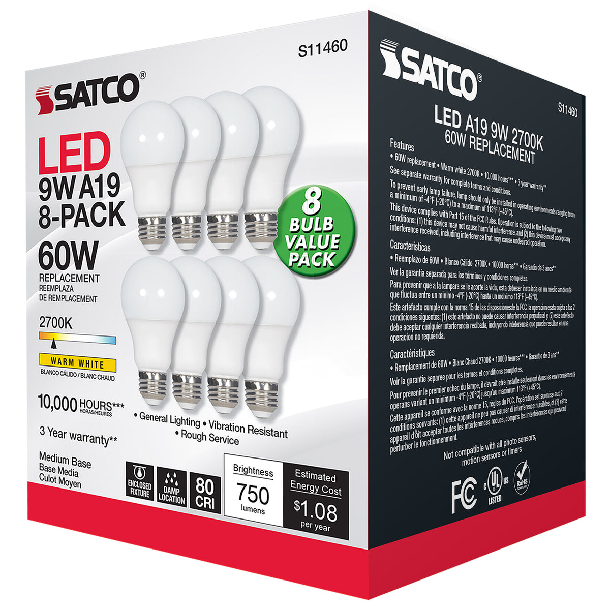 9 Watt A19 LED - 2700K - Non-Dimmable - E26 - 80 CRI - 8-pack