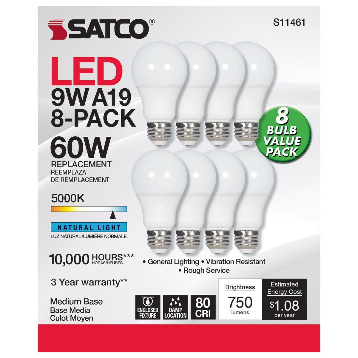 9 Watt A19 LED - 5000K - Non-Dimmable - E26 - 80 CRI - 8-pack