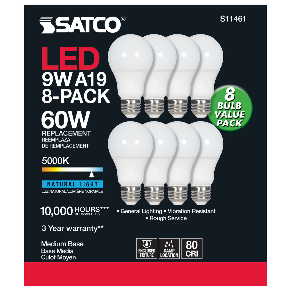 9 Watt A19 LED - 5000K - Non-Dimmable - E26 - 80 CRI - 8-pack