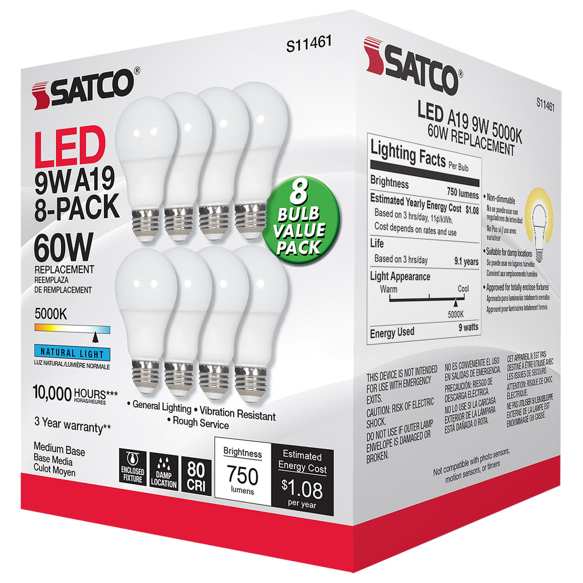9 Watt A19 LED - 5000K - Non-Dimmable - E26 - 80 CRI - 8-pack