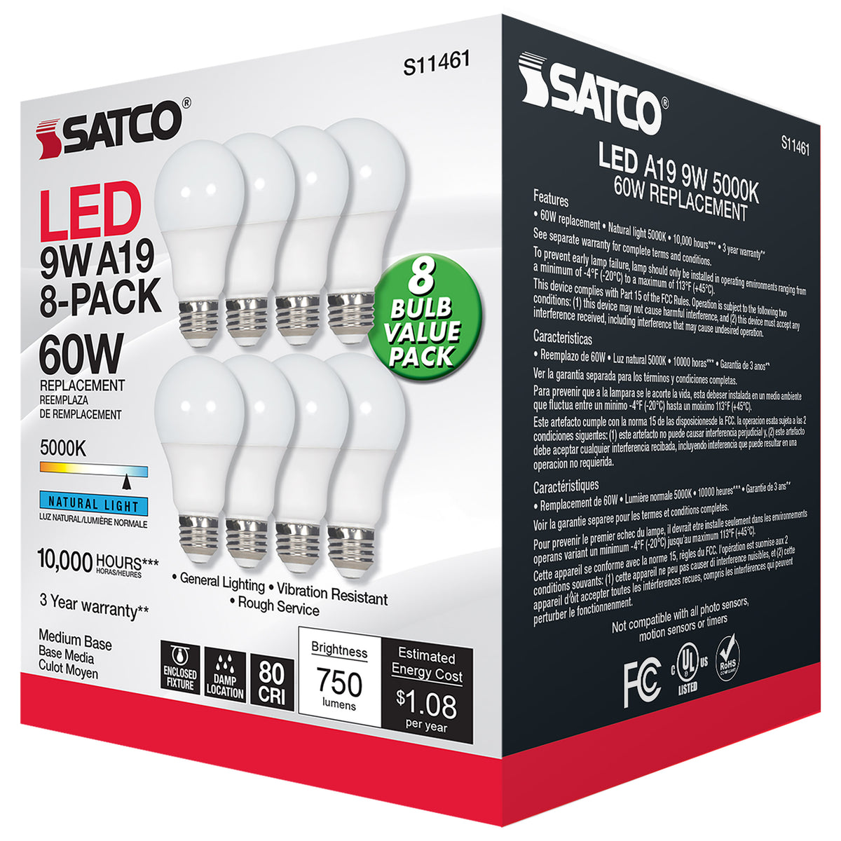 9 Watt A19 LED - 5000K - Non-Dimmable - E26 - 80 CRI - 8-pack