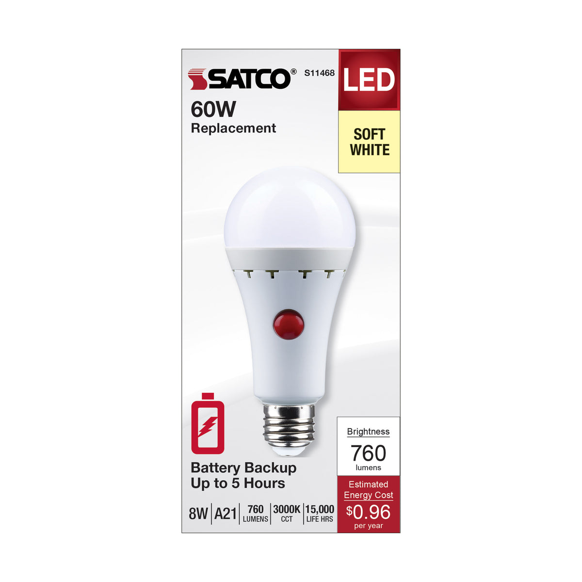 8 Watt A21 LED - 3000K - Medium Base - 120 Volt - 80 CRI - Battery Backup
