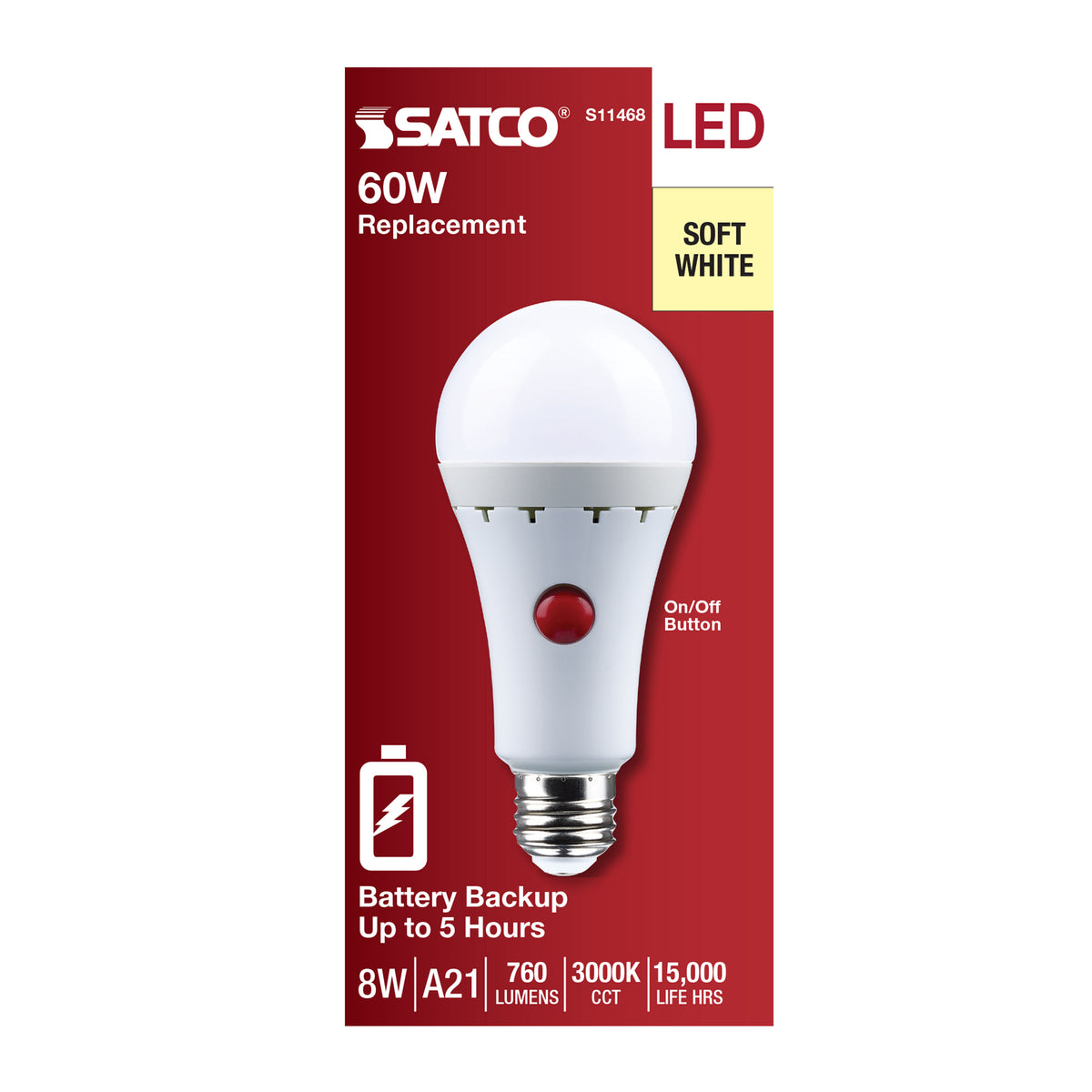 8 Watt A21 LED - 3000K - Medium Base - 120 Volt - 80 CRI - Battery Backup