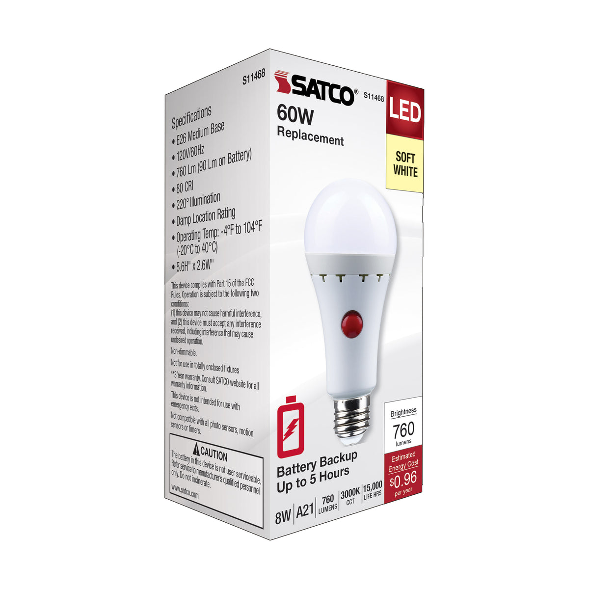 8 Watt A21 LED - 3000K - Medium Base - 120 Volt - 80 CRI - Battery Backup