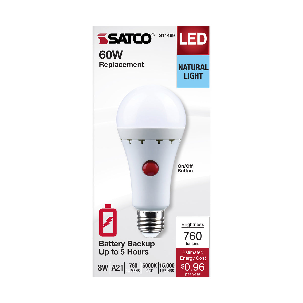 8 Watt A21 LED - 5000K - Medium Base - 120 Volt - 80 CRI - Battery Backup