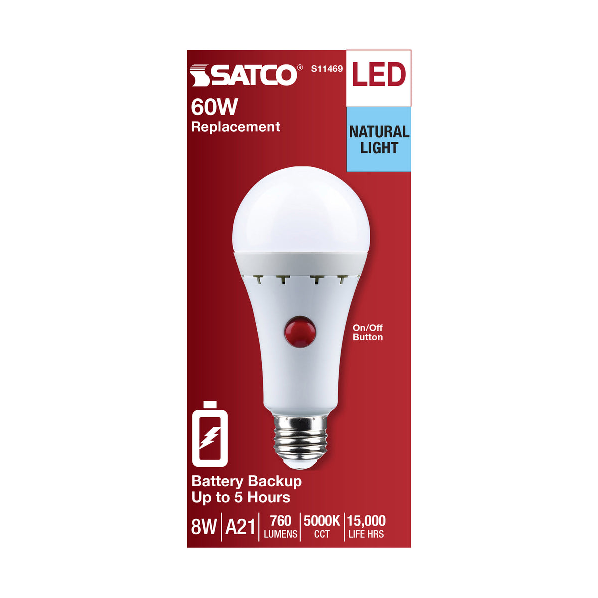8 Watt A21 LED - 5000K - Medium Base - 120 Volt - 80 CRI - Battery Backup