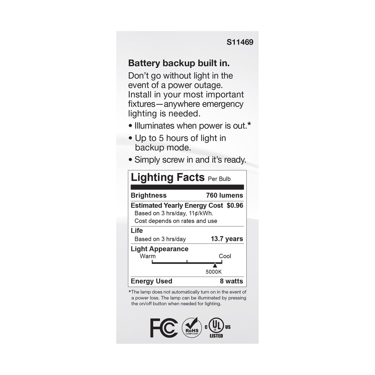 8 Watt A21 LED - 5000K - Medium Base - 120 Volt - 80 CRI - Battery Backup