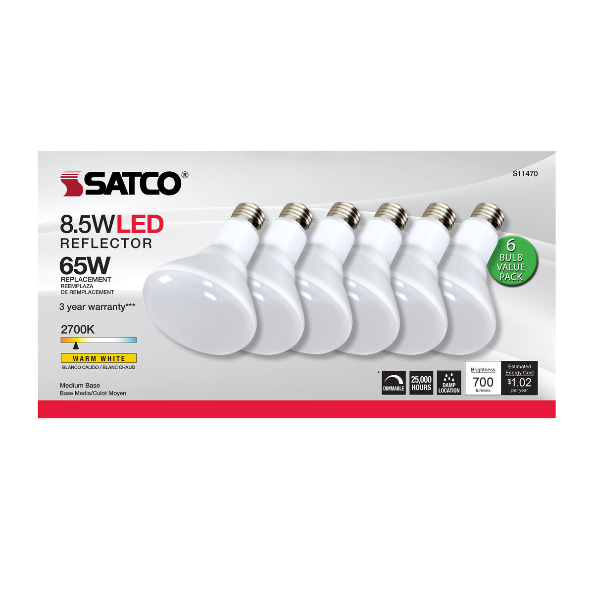 8.5 Watt - BR30 LED - 2700K - 80 CRI - Medium Base - 120 Volts - Dimmable - 6-pack